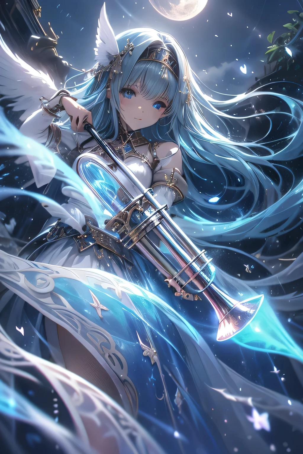 (((SFW、Highest quality、 First Class Masterpiece 、 Normal Body 、8k、 detailed face 、 very accurate、 Goddess of Unity 、5reference、Highest))) 、blue eyes、 Blue Hair 、 long hair、 short、Big Breasts、 slender、 slim 、Pink Heart Dirty Belly Print、 muscle exposure、 Half naked 、Ultra Thin Transparent Pure White Dress、Ultra Thin Transparent Pure White Mini Skirt、 Slave's Iron Collar 、 trumpet playing on an instrument、 Heavenly Wings、 where i lived 、moon、null、null in、 sacred、at the Iron Factory, nothing , Highest品質,