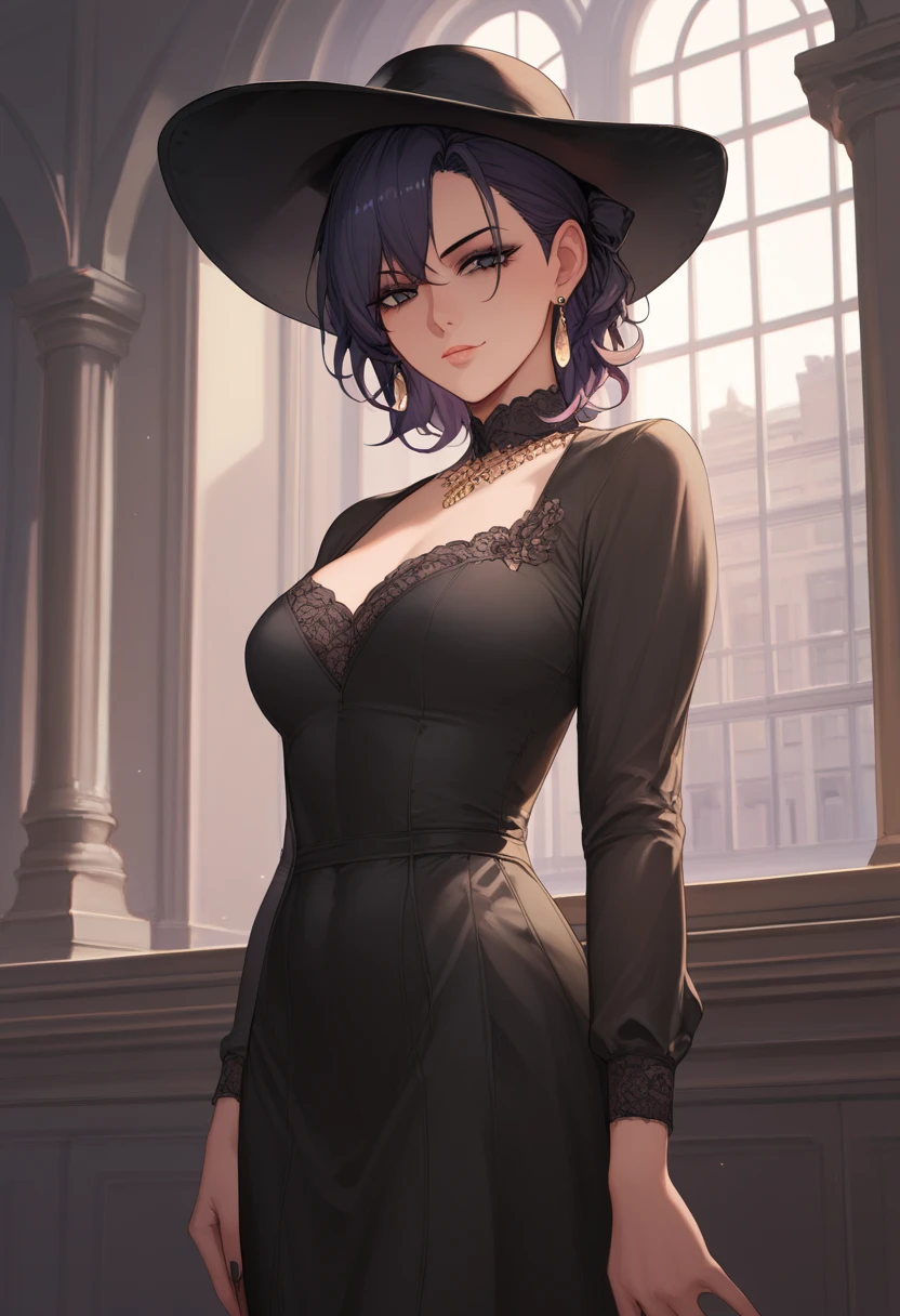 She was wearing a long hat with a rose on it、She has a G-cup bust and wears a dress with a belt around her waist.、Overall in navy blue、She was wearing a see-through top up to her neck under her clothes.、Anime girl in her 30s with purple lipstick and moon earrings