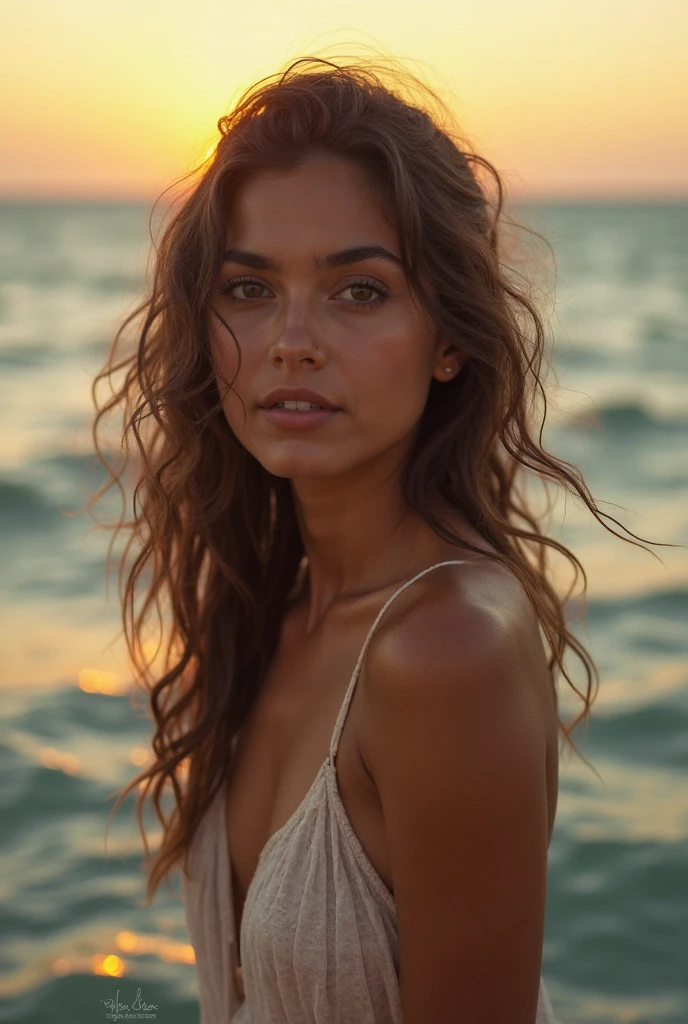 Generates a high-quality image of a beautiful 25-year-old French woman in a glamorous style, using a Nikon Z 85mm camera. The woman must be dressed in a vintage bikini, in a beach setting with a stunning background. His hair is long and brown, with hazel eyes and subtle freckles (0.6). She has small and firm breasts. The image must be in 18th century vintage style, with a focus on intricate details and high resolution (4k o superior). Includes spring flowers blooming around and divine rays for natural lighting. Facial details must be highly detailed and focused, capturing the innocence and delicacy of the model. The image should be semi-silhouette with soft lighting for an aesthetic and photorealistic effect. The final result must be ultra-realistic, with post-processing for maximum sharpness and detail.
