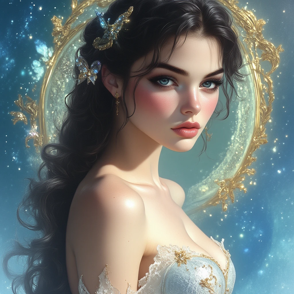 portrait Kendall Jenner, wearing angel costume, against the sky, character portrait, 4 3 9 0 s, wavy hair, intricate, elegant, highly detailed, digital painting, artstation, concept art, smooth, sharp focus, illustration, art by wlop, charlie bowater and alexandra fomina, 36k, glittering, shining