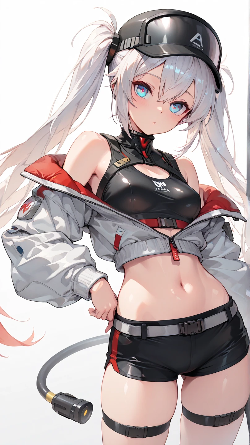 masterpiece, detailed, high quality, (absurdres), high sharpness, high resolution, enna, 1girl, solo, twintails, blush, (small breasts), curvy, wide hips, navel, stomach, (cameltoe), bodysuit, (lace trim:1.3),  hoodie, partially unzipped, hand in pocket,