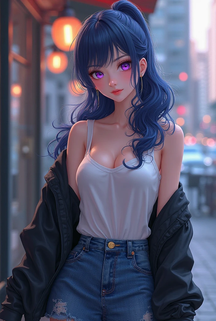 (best quality: 1.2), clean face, (masterpiece: 1.2, 8k)(PureErosFace_V1: 0.7), perfect anatomy, 1girl,a beautiful fashion model ,(masterpiece, official art, best quality) (wet skin, shiny skin) ,long and shiny hair, blue hair with streaks in hair, long hair, full lips, upturned nose , big breasts, looking at viewer, revealing outfit, absurdity, intricate details, city, dynamic pose, night, neon signs, cinematic lighting, (highly detailed skin: 1.2), wearing
short shorts and a tight white top, cleavage, torn clothes