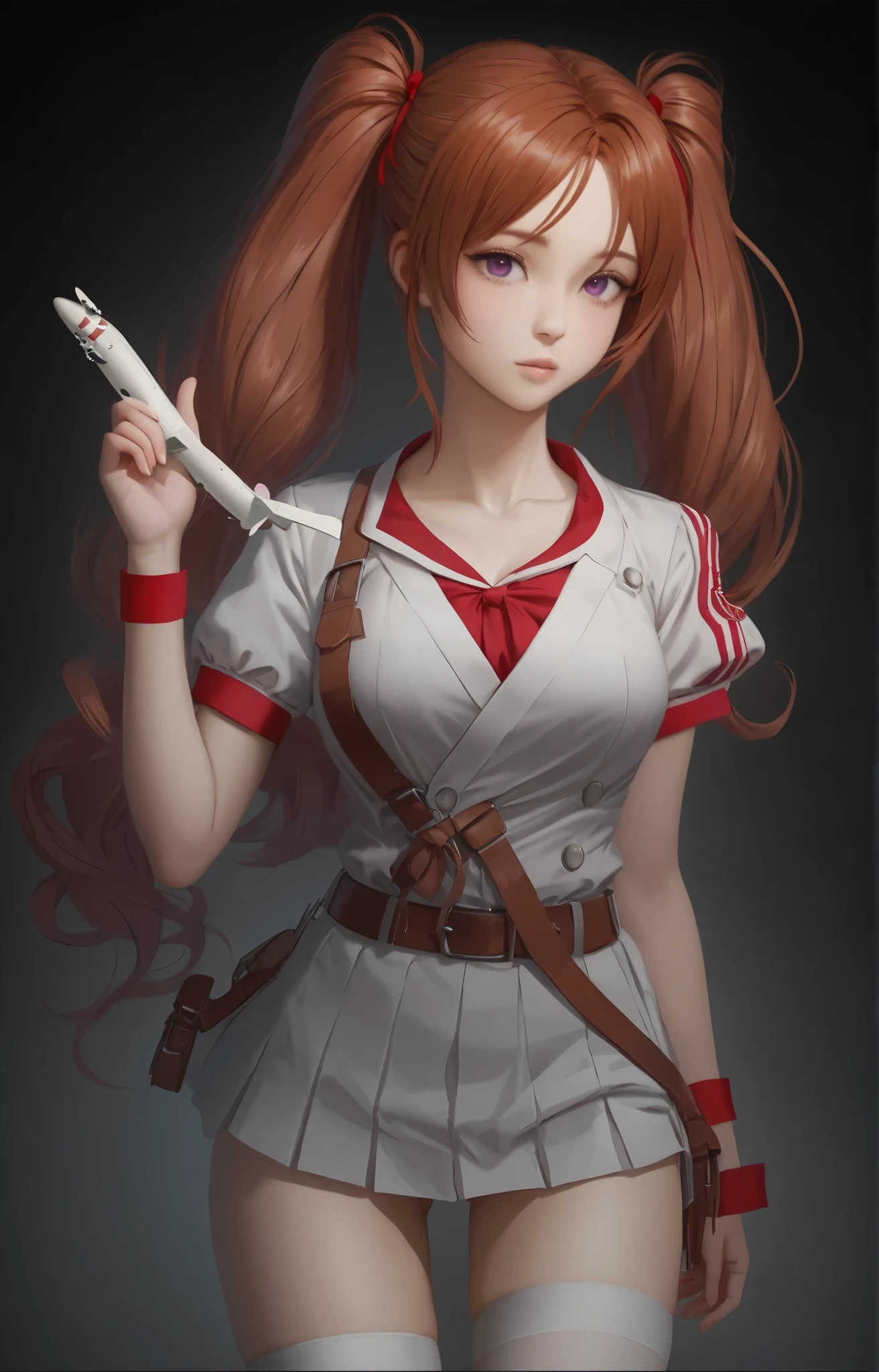 Japanese manga style girl。
reddish brown hair(twin tails tied with red ribbons)
purple eyes
white blouse
navy blue sailor jacket(with white piping and silver buttons)
red pleated skirt
white thigh high socks(Red lined )
red and gray tech-inspired boots
A brown bag that is worn diagonally over the shoulder
Something like a red armband on the left arm
airplane model
Model of a shoulder-mounted warship
Clothes are in tatters、My skin is exposed。