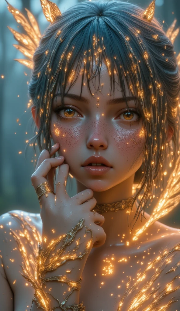 masterpiece, high resolution, Beautiful girl in anime style, in dirty beaker, In the incoming liquid, gnome, magic circle, Small room with phosphorescent flash, Perfect beautiful girl, no clothes, Shine from the inside out, stare at the viewer, laughter, 3d rendering, view, Stunning anime illustrations, Impressive lighting, Excellent, dangerous, monstrous