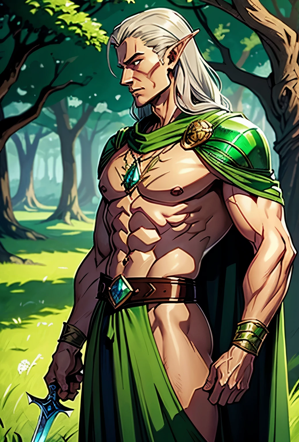 Medieval fantasy boy god, tanned skin, Longhaire, yeux gris, small, maigre, wearing a beige and purple cape in a forest