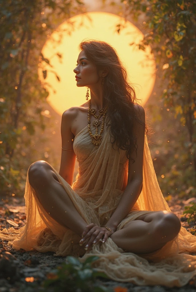 A brunette girl in saree with curly hair and big breasts sits with her legs stretched out ????? on a face of man