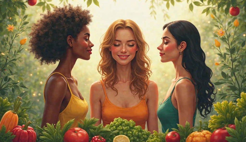 cover for a diet book to lose weight without anything written with happy women on a beautiful day with tasty food without anything written