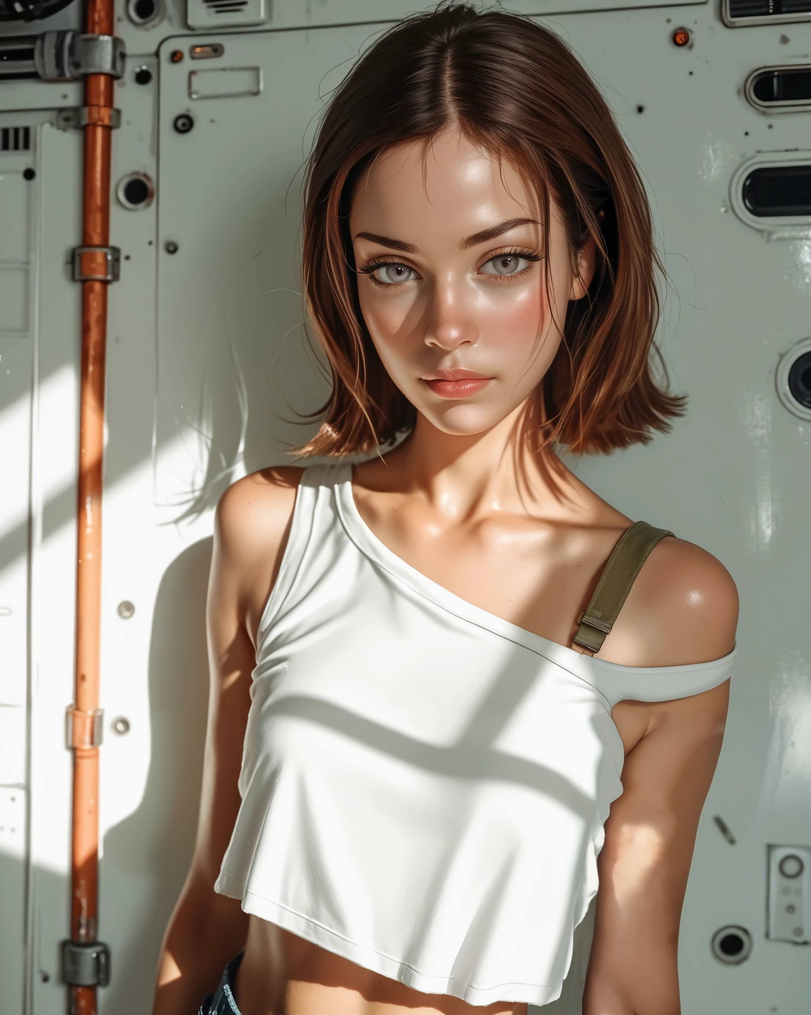 high resolution,photo,cindy crawford,eye reflection,realistic skin,raw,bloom,1girl,volumetric lighting,rim lighting,dof,dramatic shadow,
sunlight,1girl,1960s space shop uniform,shoulder strap,midriff peek, galactic background