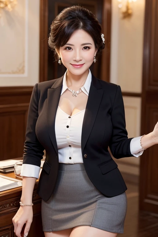 Japanese woman standing in office, White wall, Grey table, plant ,smile, (((masterpiece))), ((highest quality)), ((Intricate and detailed)), ((Surreal)), Absurd resolution, 29-year-old, Mature Woman, perspective, Very detailed, figure, One girl, ((heavy chest:1.4)), (Plump Ass),Beautiful fine details, Short Hair, Brown eyes, Name tag, chief executive officer(CEO), Glasses, (business attire:1.2), Office Shirt, Black tight skirt, Earrings, stockings, Detailed Background, Perfect Eyes, Seductive eyes, Looking at the audience, from the front