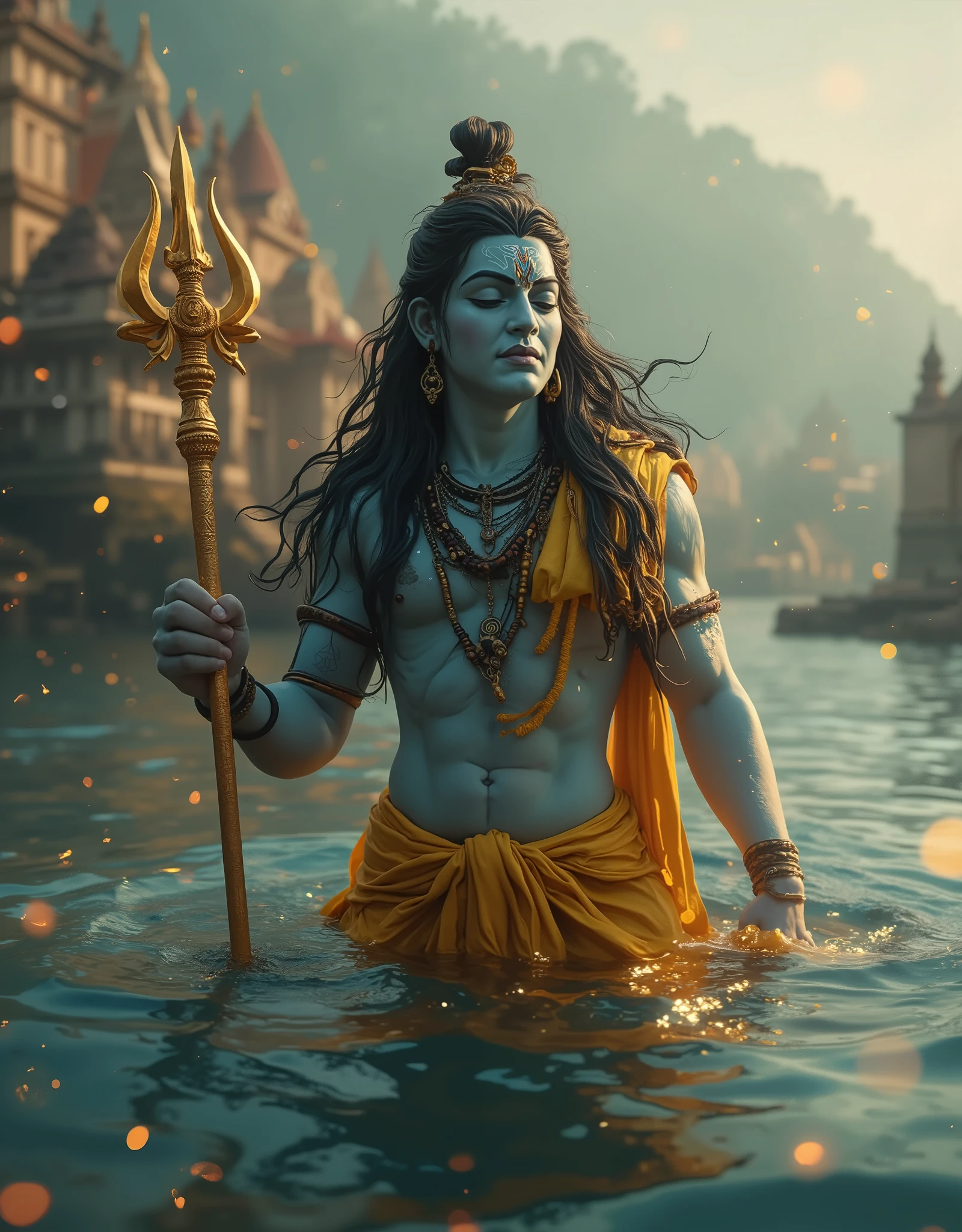((Close up))) ((Very Tall and big)), hyper detailed and perfect Portrait of Lord Shiva ,very handsome, cute face, young, ((very fairly white skinned, long black floating hair, wearing yellow robes))) ((yellow robes))) (yellow dhoti)) holding his trishul((trident)) ((perfect trishul)) , submerged in the river Ganga, (((water to waist level))), there is ancient hindu temples and ancient city on the steps beside the bank of river Ganga, dreamy environment,dreamy atmosphere, light particles, shining points in the foreground, shot taken by Sony 55 mm lens, with f -1. 2, sharpness -1. 2, 32k resolution, 8k quality, ultra high definition, uhd, niji express, niji mixed realism, closed eyes