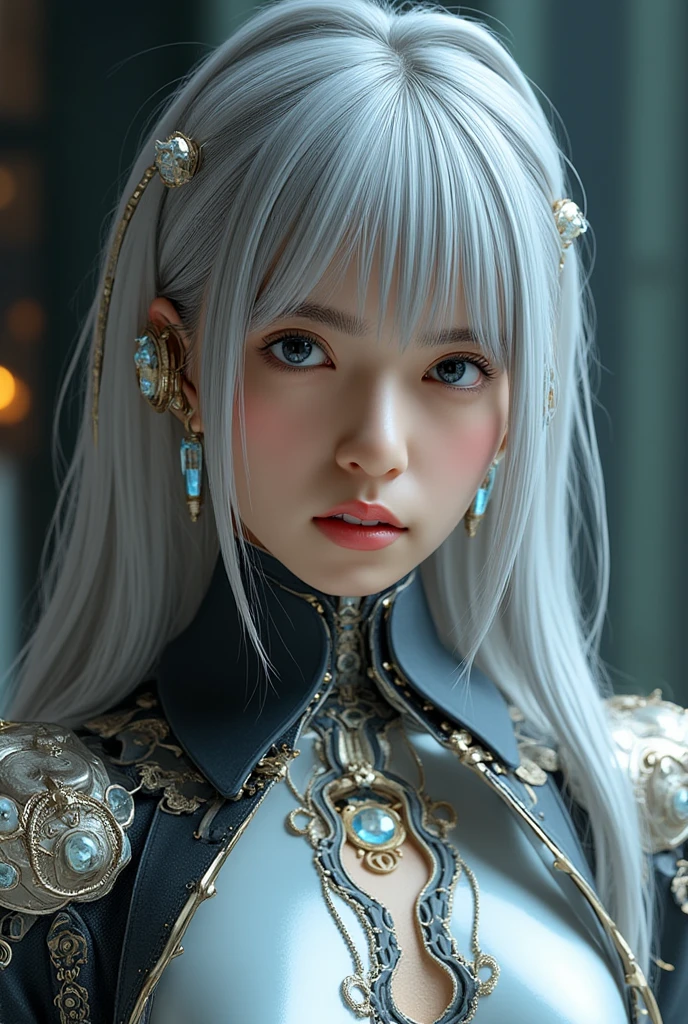 masterpiece, best quality, best quality, Amazing, beautiful detailed eyes,girl, finely detailed, Depth of field, extremely detailed CG unity 8k wallpaper, full body,(other Minato aqua:1.1), (a girl wears Clothes with a silver texture:1.2),(extremely gorgeous metal style:1.2),(Metal crown with ornate stripes:1.2),(Various metals background:1.4),Sputtered molten iron,(floating hair:1.1),(Hair like melted metal:1.2),(detailed face:1.2), (detailed eyes:1.2),(Clothes made of silver:1.2),(Clothes with gold lace:1.2),full body,(flowing gold and silver:1.3),(everything flowing and melt:1.3),(flowing iron:1.3),(flowing silver:1.3),(lace flowing and melt:1.3)