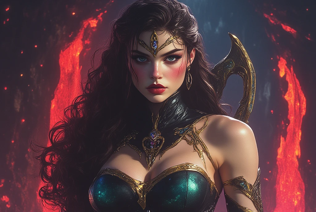 (masterpiece, best quality, beautiful art:1.4), upper body, waist up, captivating, seductive (queen of wrath:1.8) in the style of greg rutkowski, perfect eyes, artgerm, wlop and ross tran, beautiful, cute - fine - face, pretty face, oil slick hair, realistic shaded perfect face, extremely fine details, realistic shaded lighting, dynamic background, artstation, poster, volumetric lighting, very detailed, 8 k (sharp focus:1.6), highly detailed, ultra realistic, 8k