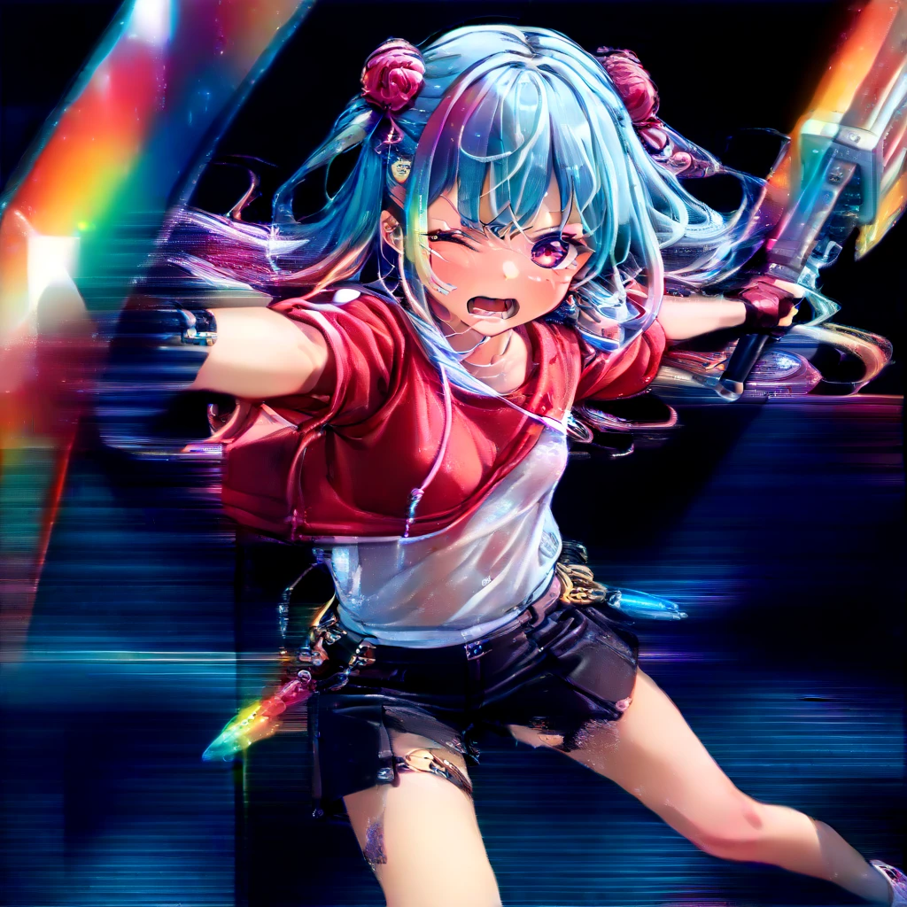 ((masutepiece)), ((Best Quality)), ((Delicate Light)), ((delicate illustration)), (1 girl, , Blue hair, Long hair, black parker, Black shorts:1.2), (Heterochromic, Blue Eye, Red Eye:1.4), (Shoot lightning from the right eye:1.3), (Dash hard:1.3), (Serious expression, Wide open eyes, Open mouth:1.3), (Discharge effect:1.2), (Shining eyes:1.3), (accurate hands),