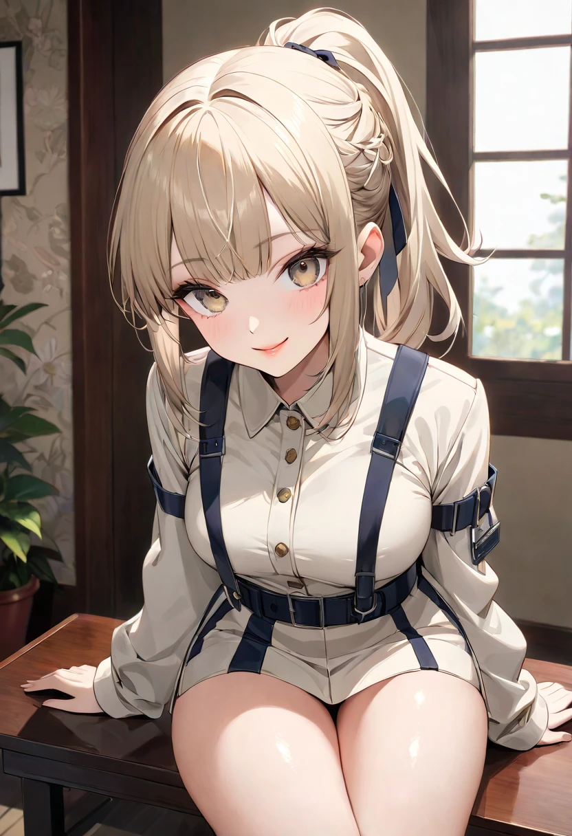 anime - style image of a woman in a white bra top and panties, seductive anime girl, marin kitagawa fanart, makoto shinka, rin, small curvy loli, anime best girl, sexy pose, smooth anime cg art, asuka suit under clothes!, cushart krenz key art feminine, ayaka genshin impact, zerochan art, white panties,cameltoe,full body,white pantyhose,squatting,pantyshot,å©ä¸,1girl,star earrings,solo,blonde hair,braid,medium hair,bangs,bright pupils,brown eyes,hair between eyes,white pupils,
metal collar,neck ribbon,white shirt,black ribbon,center frills,corset dress,blue dress,long sleeves,frilled skirt,medium breasts,collarbone,smile, blush,
mary janes,outdoors,grass,wind,wind lift,falling leaves,, Exquisite visuals, high-definition,masterpiece,best quality,, 18yo,Young female,Beautiful Fingers,Beautiful long legs,Beautiful body,Beautiful Nose,Beautiful character design, perfect eyes, perfect face,expressive eyes,
official art,extremely detailed CG unity 8k wallpaper, perfect lighting,Colorful, Bright_Front_face_Lighting,shiny skin, 
(masterpiece:1.0),(best_quality:1.0), ultra high res,4K,ultra-detailed,
photography, 8K, HDR, highres, absurdres:1.2, Kodak portra 400, film grain, blurry background, bokeh:1.2, lens flare, (vibrant_color:1.2), (beautiful_face:1.5),(narrow_waist), ,NSFW,