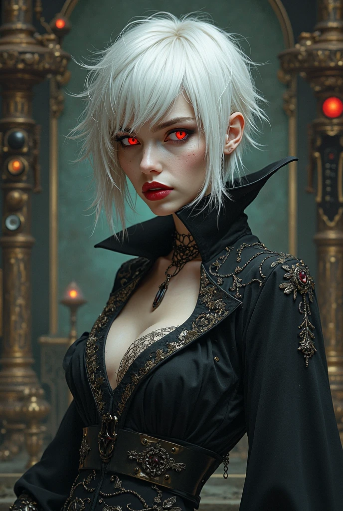Volcano in the background, Erotic,/ dark queen, evil, evilвещий, fatal seduction, /Colorful design , Red Design ,Vermilion, Aurora, mythical, glowing light, red light,/ Erotic pose, black hair pores, big eyes, The body is covered in a tattoo, Red lips, black dressvery detailed, Dynamic, cinematic, deafening, Realistic lighting and shading, harlequin, hair between eyes, black hair, White hair, short hair, coat, fur trim, fur-trimmed coat, (X-shaped eyes, Eyes in the shape of symbols, Slanted eyes),