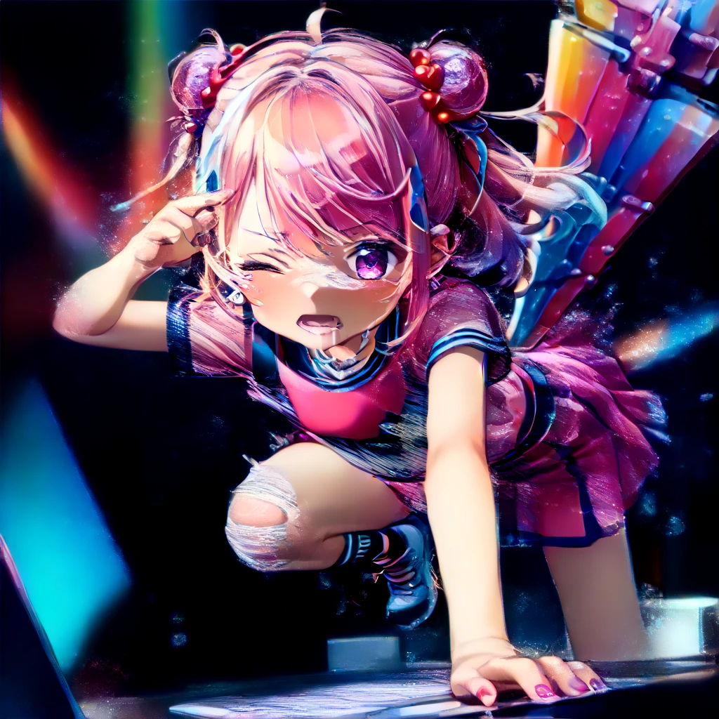 ((Screaming)),Reaching the climax:1.３,holding the mic、One girl closing her eyes, short-cut、masutepiece、Bottoms are randomly generated、（ Cucumber illustration printed shirt ）、A pink-haired、Dark hair、GI Cut、wristbands、Background bokeh:1.5