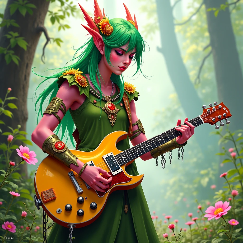 clothed redhead girl with purple skin holding a lute, gold clothes, horns