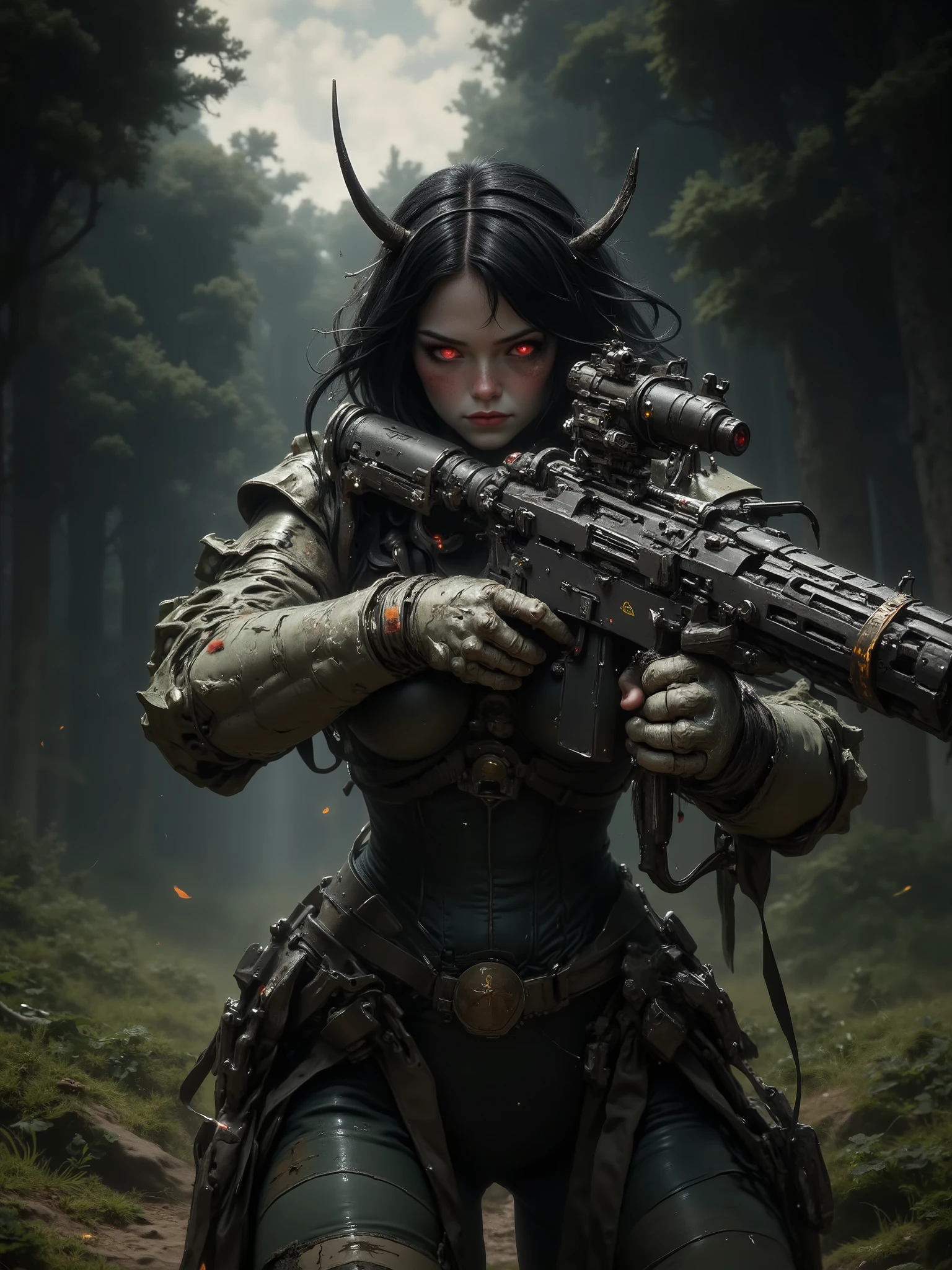 Mathilda, Cybernetic pale female , Short Black Hair, wearing Green Camouflage Light Armor, Ghillie Suit, Deer Antlers on Head, Holding a High tech Sniper Rifle, glowing Red eyes, walking through a dark forest, During the Night, Moon High in the sky