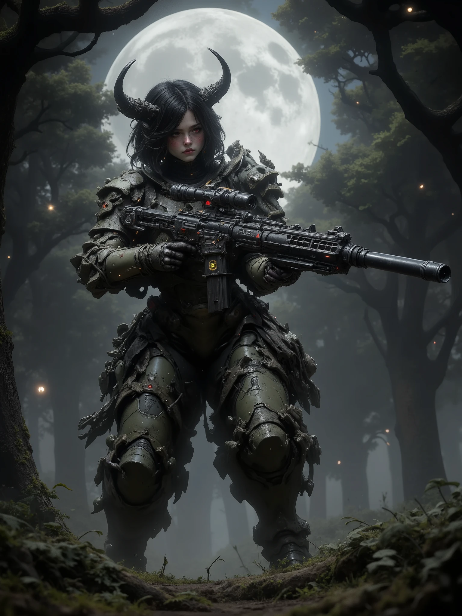 Mathilda, Cybernetic pale female , Short Black Hair, wearing Green Camouflage Light Armor, Ghillie Suit, Deer Antlers on Head, Holding a High tech Sniper Rifle, glowing Red eyes, walking through a dark forest, During the Night, Moon High in the sky