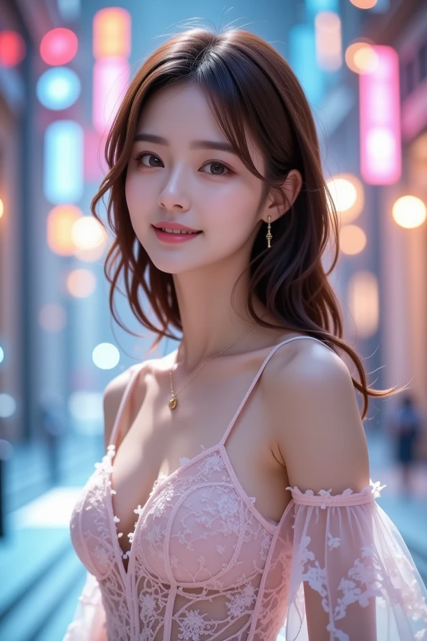 8K, Masterpiece, RAW photo, Best quality, Photorealistic, Extremely detailed CG unification,Open navel, 8k wallpaper, Depth of field, Cinematic light, Lens flare, Ray tracing, (Extremely beautiful face, Beautiful lips, Beautiful eyes), intricate detail face, ((ultra detailed skin)) 1girll, In the dark, deepshadow, Pretty Korean girl, Kpop idol,(Very slim and slender muscular body:1.3), ((view the viewer)),(Big smile:1.3), (bodycon minidress), (Injection sleeve) , (Dim lights, (neon lights sign), (Big building), City Night, Cityscape ), (No one is in the background:1.3), Pretty Korean girl, Earrings, bangle, Dia necklace, Pantyhose, Clear eyes, Walking , front footage, (Pale skin), Face forward, (Big eyes), ((upperbody shots)), ((silk tie)), ((Pink, white dresses:1.3)), (view the viewer:1.3), (see through, laced dress), Open breasts, Hermès bag