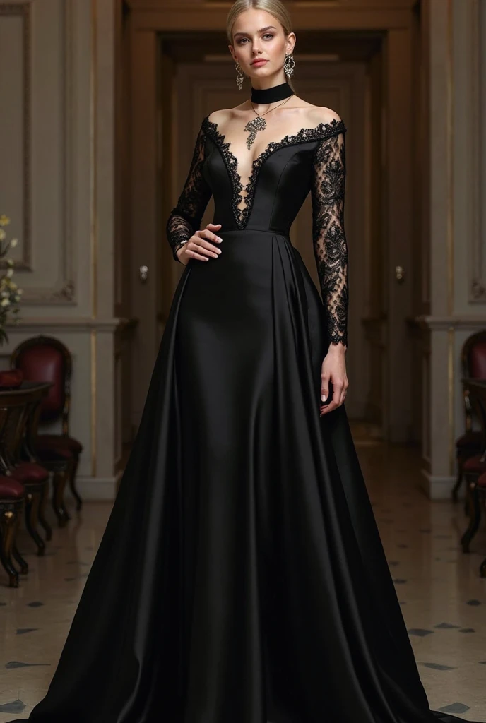 A full-body portrait of Lady Eveline Grey, one of Lady Seraphina d’Aurelis' most trusted ladies-in-waiting, with a more alluring and provocative appearance. Eveline is depicted in a form-fitting, dark gown that accentuates her figure while maintaining an air of subtle elegance. The gown is sleek, with intricate lace details and a deep neckline, reflecting her seductive yet calculated nature. Her dark brown hair is styled in loose, flowing waves that add to her allure, while her sharp grey eyes gleam with intelligence and a hint of mischief. Eveline stands with a confident and slightly provocative posture, exuding both charm and danger. The background is softly lit, perhaps an opulent chamber with rich drapes and subtle shadows, highlighting her role as a keen observer who can manipulate situations to her advantage. The art style is realistic, capturing the delicate balance between her seductive allure and her sharp, perceptive nature.