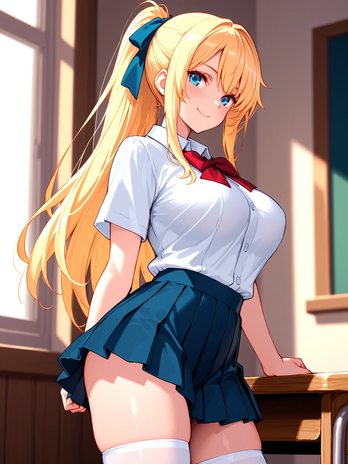 Real、8K High Resolution、Cat ear、Girl、、blouse、mini skirt、Broad shoulders、Breast enlargement、Cleavage、classroom、curtain、Gentle Breeze、Long Hair、ponytail、Leaning forward、Reach for your desk、Smile of joy、Joy、Bold、