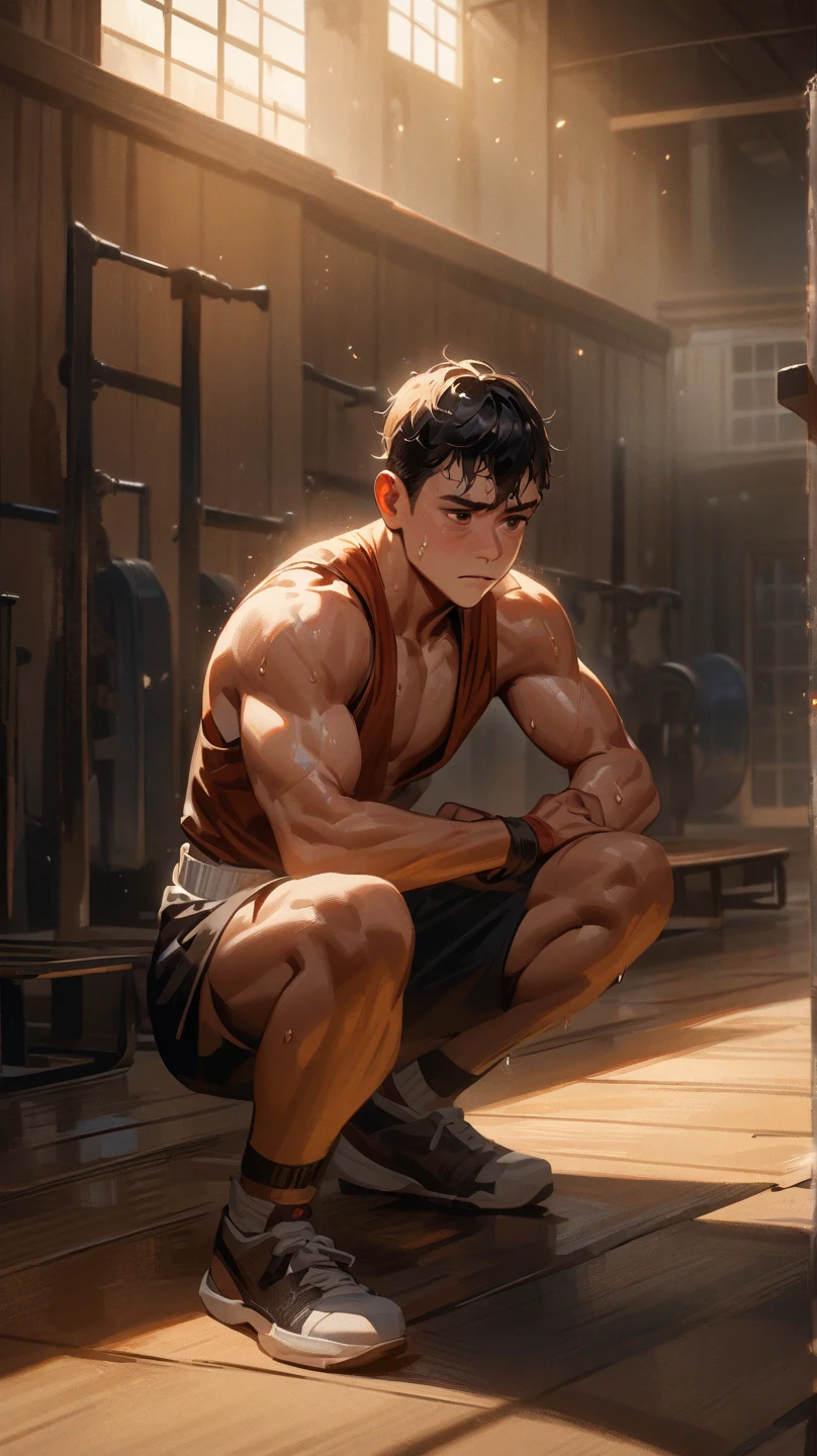 shirtless, super muscular, sweat-drenched body, dripping with sweat, 22-year old short black hair handsome caucasian male wearing sweat-drenched white boxing shorts and boxing shoes, panting, sitting on the bench, very exhausted, drenched with sweat, towel, bottled water, in the locker room