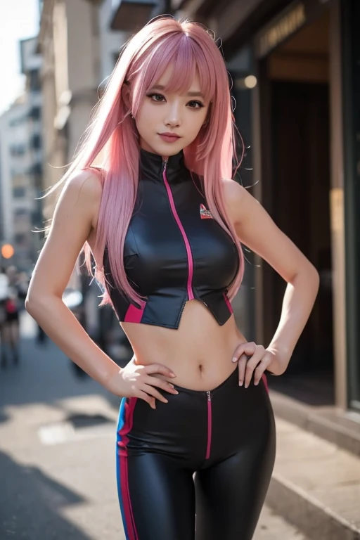 smile, Photo realistic, High resolution, detailed background, detailed beautiful skin, detailed nose, soft lighting, (solo shot:1.23), (upper body:1.1), closed shot, (breast focused:1.3), looking at viewer, (((nice hand, perfect hand))), clear eyes,// japanese lady, pale skin, (((cleavage))), mega breasts, 20 year old, // (((wearing black satin Bomber Jacket with satin leggings))), long pink hair, street snap, ((facing viewer)), walking up to a front door in a suburban neighborhood, ((standing))