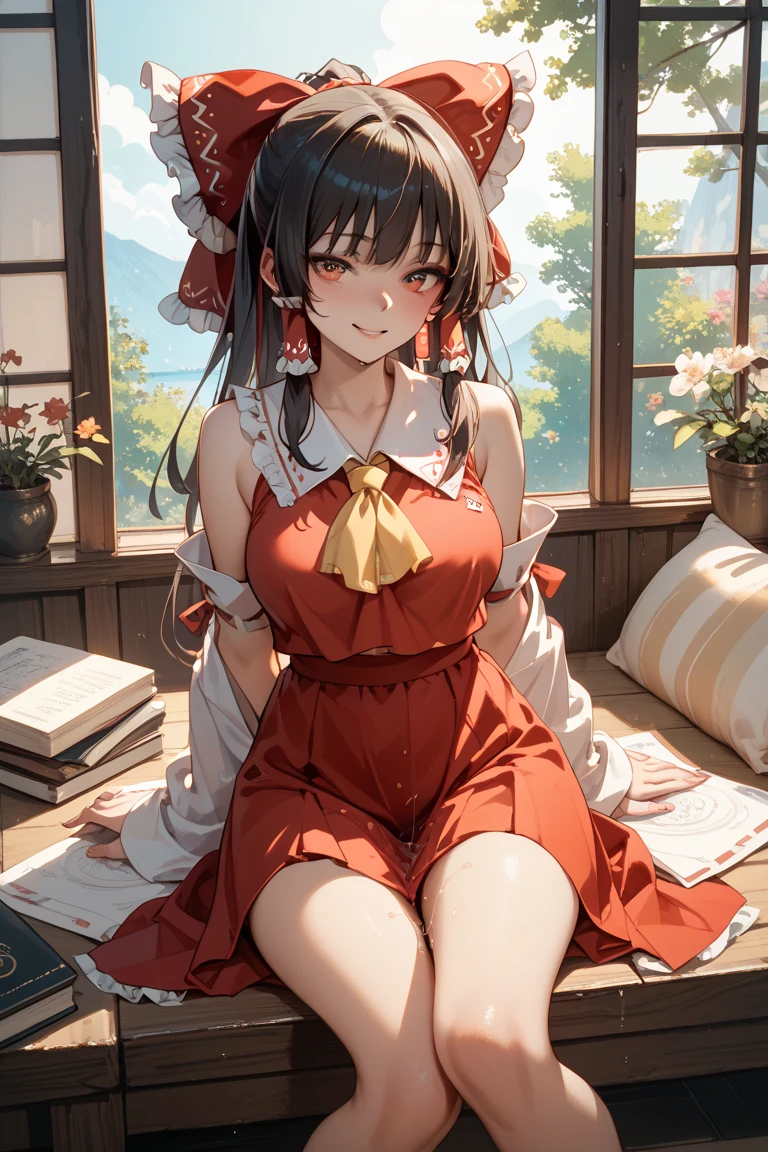 (masterpiece), best quality, an extremely delicate and beautiful, off-shoulder fluffy clothes, sitting position, red eyes, blurred background.