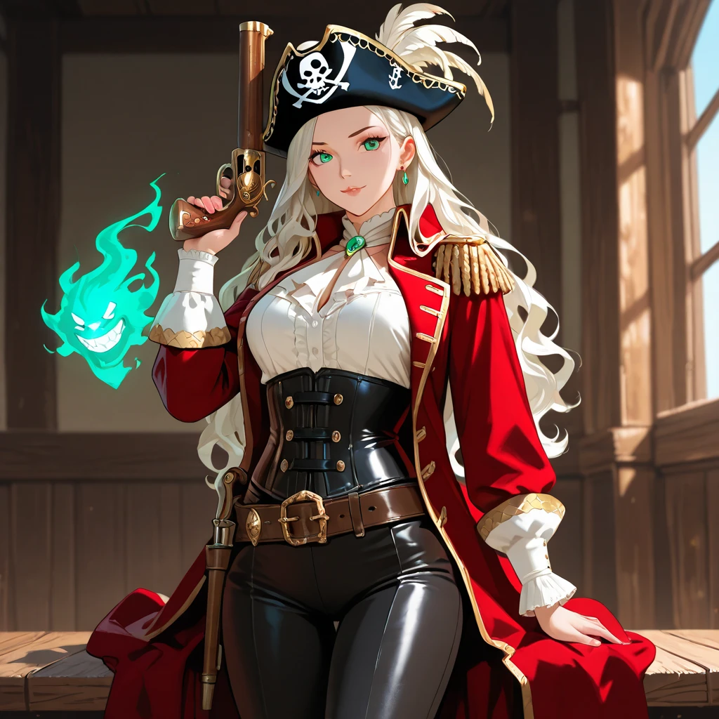 pirate captain outfit with pirate hat, red jacket with gold tassels, white frilly blouse, black pants, brown thigh high boots, eye patch, massive breasts, massive hips, massive thighs, massive calves, slender waist, hourglass figure, shiny black pantyhose, piloting a wooden ship, detailed eyes, leggings, kissing each other, 4K high resolution