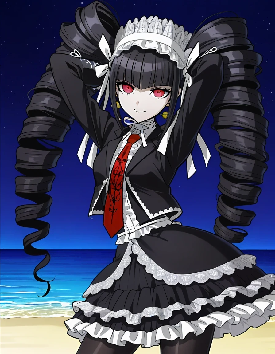 anime screencap, masterpiece, amazing quality,
celestia ludenberg, long hair, twintails, twin drills, drill hair, bangs, black hair, red eyes, skirt, shirt, long sleeves, jewelry,, jacket, pantyhose, earrings, frills, necktie, black skirt, nail polish, black jacket, black pantyhose, red necktie, lolita fashion, gothic lolita, layered skirt, bonnet, shiny skin, high quality, solo, night sky, beach, hands behind head, ((contrapposto)), closed mouth, cowboy shot, looking at viewer, smile, best quality