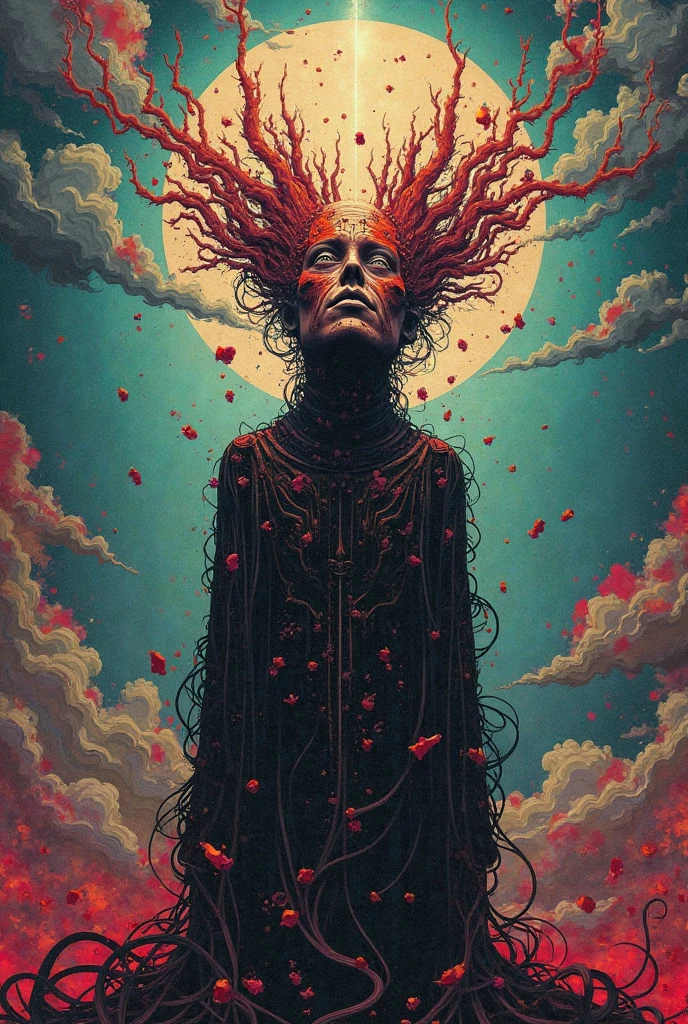 Mythical creatures, author：Zdzislaw Beksiński and Vincent Van Gogh, Album cover, romantic, Surrealism, Futuristic ,Smiling Corpse, Coral, Wizard, Abstracted, dark, red, landscape
