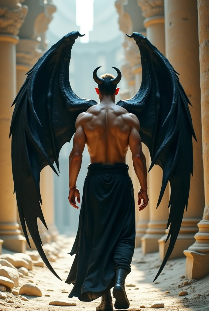 ((masterpiece)),((bestquality)),8k, high detailed, ultra-detailed, Stylish Pose, real skin texture, cinematic lighting, 21 year old male model, black demon maleficent style horns, white pale skin, blue eyes, short brown messy hair, strong jawline, masculine, defined fit body, hairless chest, prince aesthetic. gothic architecture, black massive huge angel wings on the broad back, wearing nothing, completely naked, showing round muscular man butt, backward, dim light, dark atmosphere, backlight.