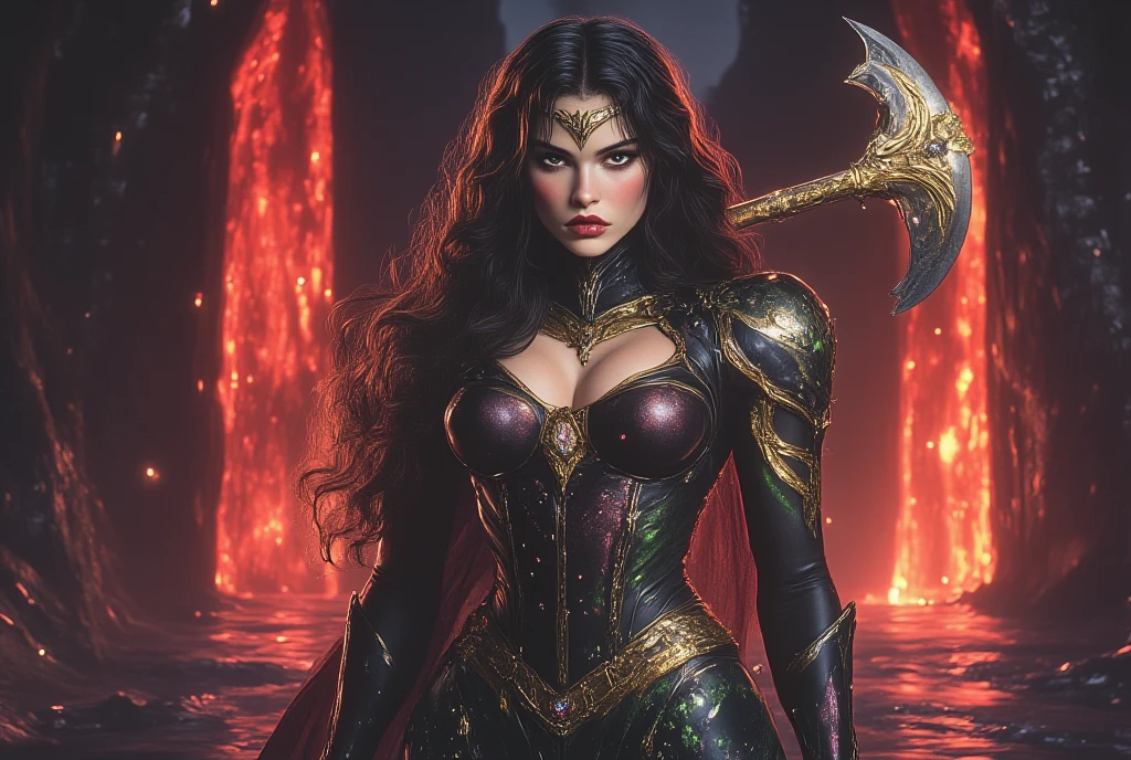 Portrait, Zombie Wonder Woman from DC, biomechanical, complex robot, full growth, hyperrealistic, insane small details, extremely clean lines, cyberpunk aesthetic, masterpiece unveiled at Zbrush Central, gothic brutalist cathedral, cyberpunk, award-winning photo, bokeh, neon lights, cybernetic limb