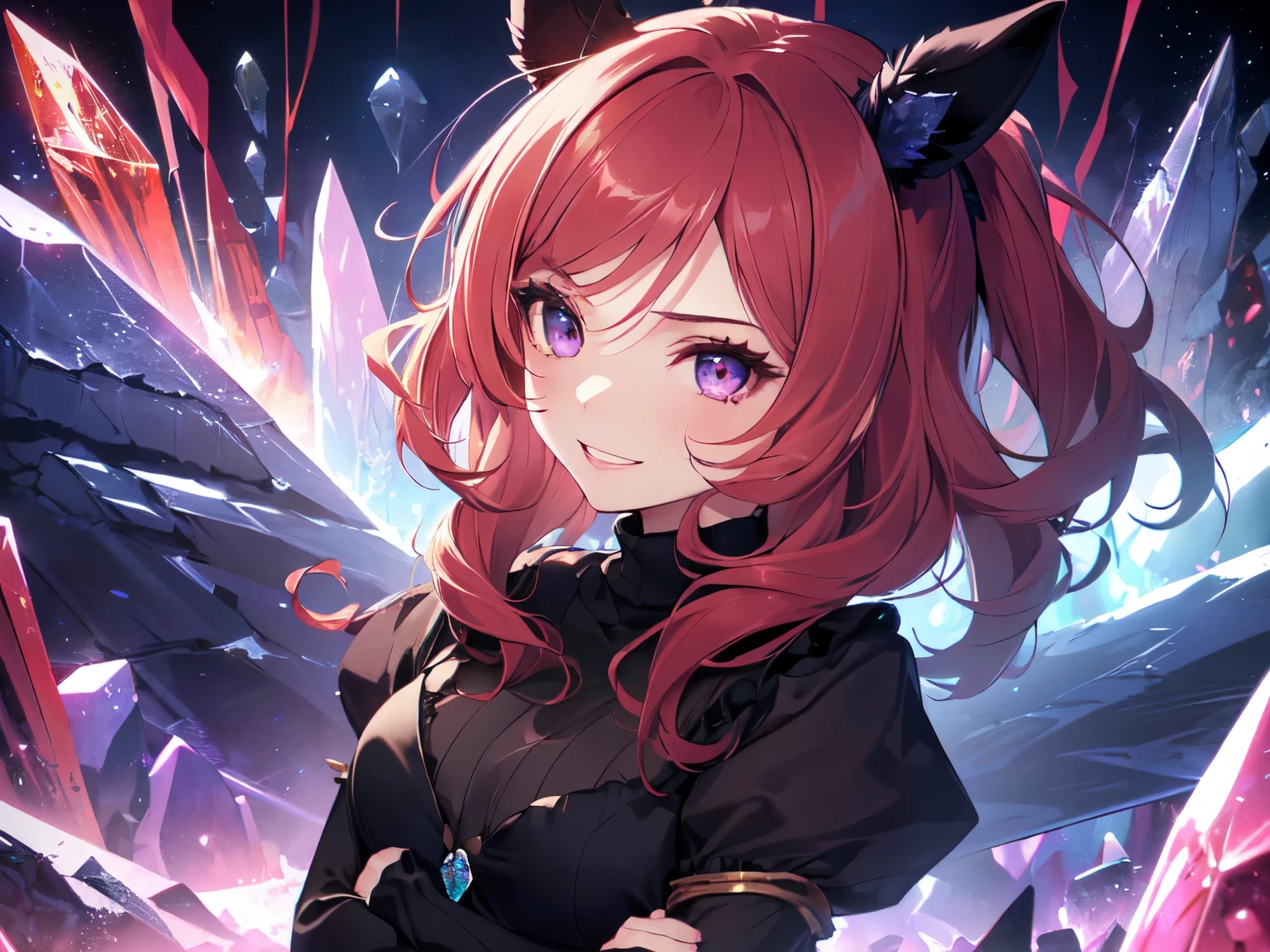 (Solo), ((Girl with horse ears and tail)), ((Hidden in lap with arms crossed))). Big smile. Showing teeth, peeking out, long bangs, thick long eyebrows, long hair and ponytail blowing in the wind, (((Red hair, purple eyes))), pink lipstick, ((Blue turtleneck ruffled layered dress, black pantyhose, skirt, see-through sleeves)). ((Crystals on dark background, crystal zone, ground covered with crystals, crystal world). ((Close-up from head to upper body)), (Full Anatomy, UHD, Retina, Masterpiece, Accurate, Anatomically Correct, Ultra Detailed, High Quality, Award Winning, Best Quality, High Resolution, 16k)