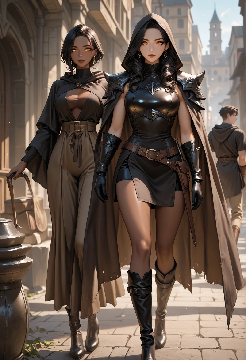 (masterpiece:1.2) (illustration:1.1) (best quality:1.2) (detailed) (intricate) (8k) (HDR) (wallpaper) (cinematic lighting) (sharp focus), (1girl), beautiful woman, long wavy hair, black hair, azur eyes, fair skin, curvy, plump, hourglass silhouette, long legs, black leather, tight leather clothes, corset, boots, stilletoes