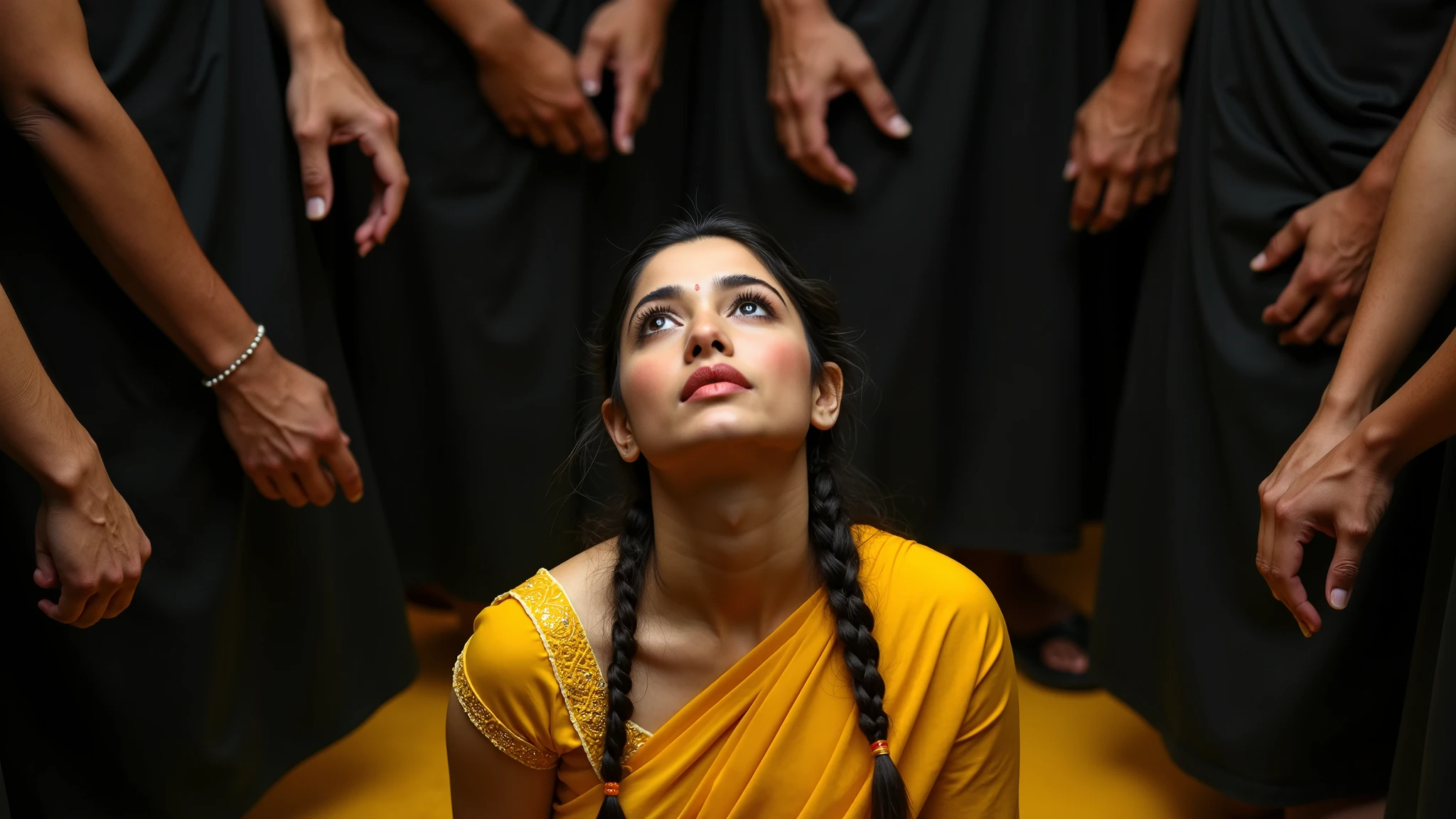 Braided tamanna bhatia, in traditional yellow saree, lying, looking upward, surrounded by black guys, their legs surrounded her