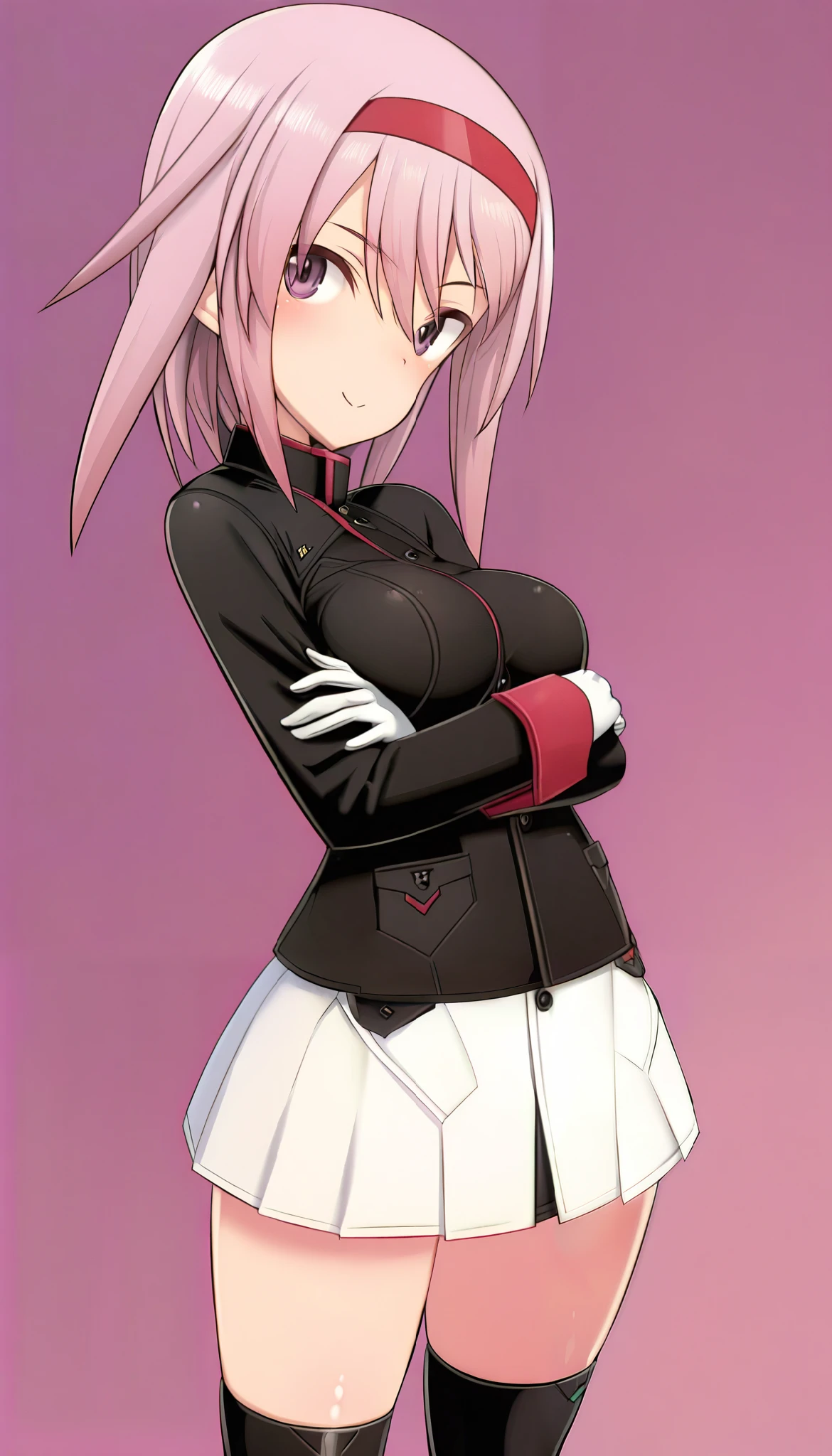 masterpiece, Best Quality, very aesthetic, absurdres, latest, Recent, 【Contemporary, smdfmkn , Fumikane Shimada, 1 girl, smile while opening your mouth、 bossy pose、Hands clenched 、True Face、 the royal family、 stands with her legs open、Arms crossed、 light purple eyes 、 Slim、156cm、Age 15、Long hair、big breasts、 Alice Gear Aegis, Hirasaka Yoru,Yotsuyu 、hirasaka Yotsuyu、Hirasaka Yoru、Yotsuyu、hirasaka Yotsuyu、boobs、Big Breasts、 masterpiece,pink hair、 rimlight,animation、 Valley Emphasis、ultra detailed, Hi-Res, 4K, Right hand correction、Left hand correction 、 2 arms、soft、 thighs、One highlight of the eyes、 rimlight, bracelet ,black jacket,white miniskirt, white gloves,black knee high,black knee socks、 black footwear、 draw it so that it goes from head to shoes、smug、Standing in honor、looking at viewer、cloak、hachimaki、solid purple background、wizard cloak、from front、from right in front of face and body、headband:Hachimaki、赤いHachimaki、red headband:Hachimaki、from front、from right in front of face and body、cloak cape 、nude、beautiful fingers、beautiful hands、Refers to 5 books、crossed arms、無地の赤いHachimaki