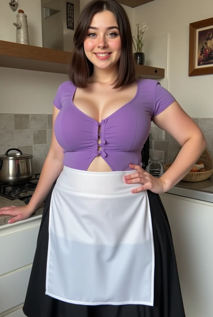 Uma mulher com um grande corpo fazendo uma receita, The woman wears a short purple cloak and she is looking at the camera while preparing a magical recipe