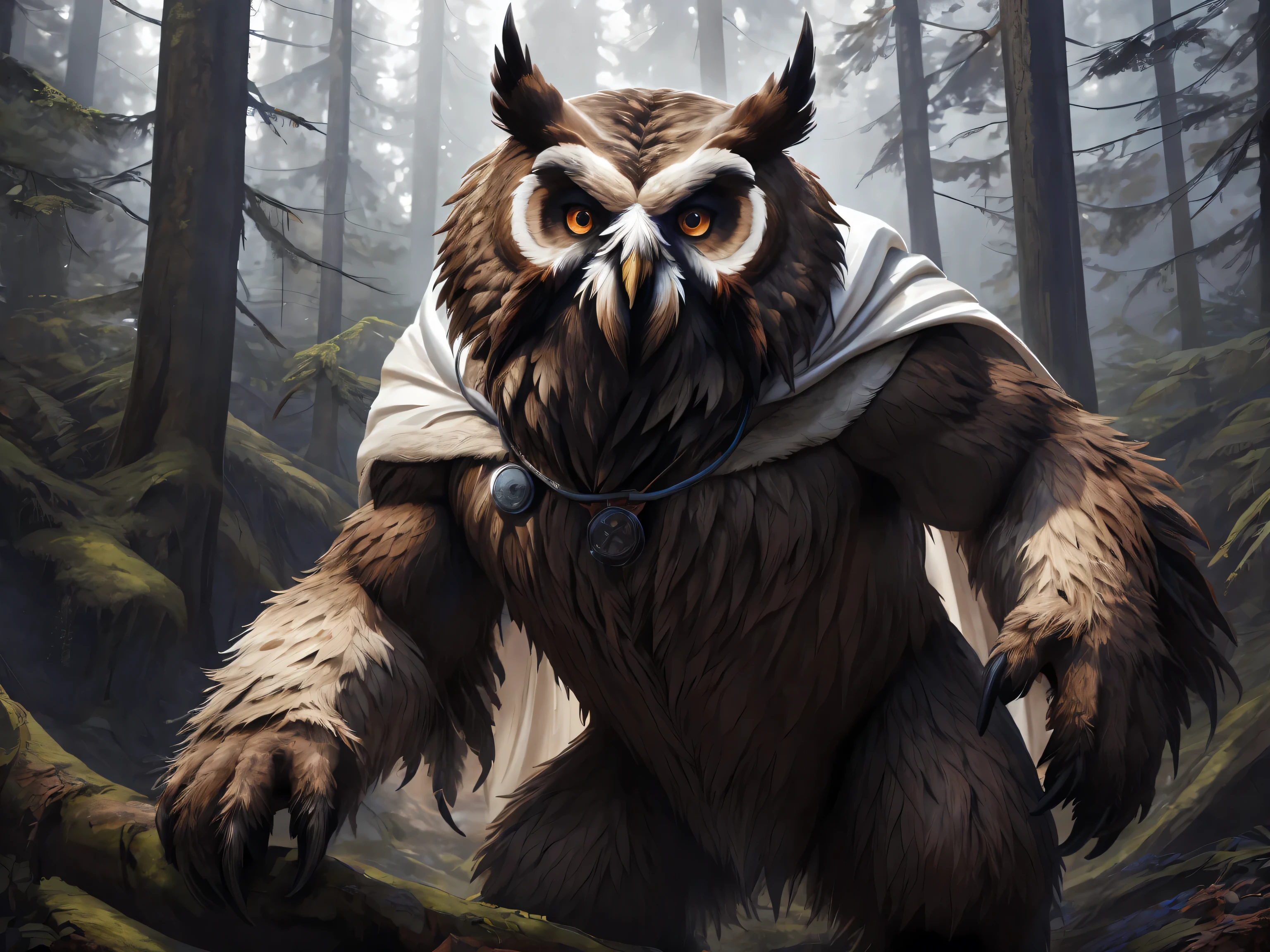 OwlBear, human nature, (White cape), doctor, looking around, in the forest, masterpiece, (16K), HD, Various facial details, detailed background, very detailed, dynamic poses, Eyes details, high resolution, high quality, correct anatomy