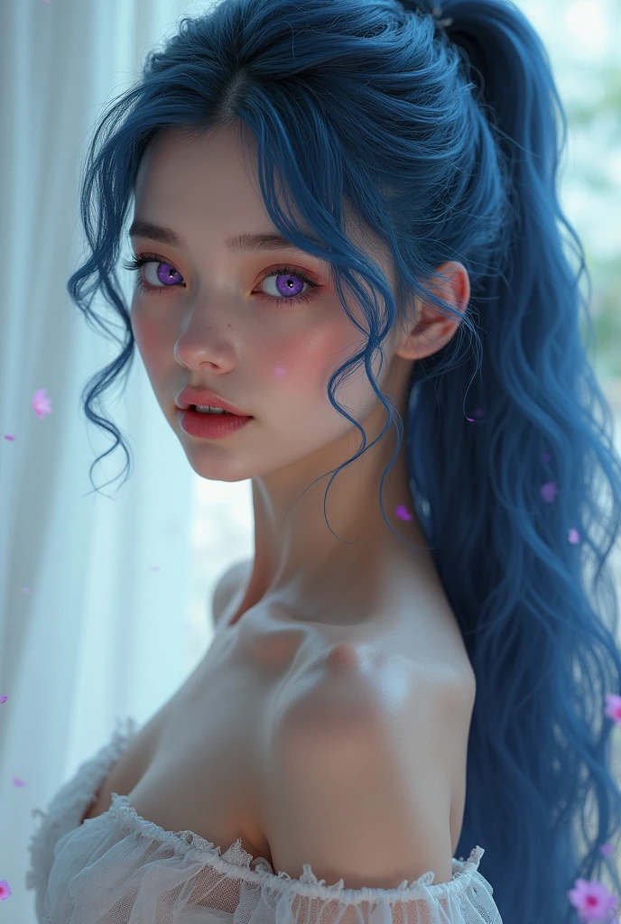 There is a woman on the beach with blue hair naked , (((completely naked))) without swimsuit, WET BODY, sweat, (((sweaty body))), hand greeting the viewer, greeting gesture, greeting to the photographer, Arcane Jinx, Arcane Jinx, Jinx de League of Legends, Hyperrealistic cyberpunk style, hyperrealistic, UHDR, extreme resolution, maximum resolution, 8k, mischievous and sexy smile, excitement, smile slightly sticking out the tongue, big breasts, marked smile, super defined face, well detailed eyes and realistic tits, armpits, Toned body, well-defined hands and fingers, realistic eyes, realistic lighting, front lighting "(((hyper Realistic face)))(((extreme Realistic skin detail))) (face with detailed shadows) (masterpiece, highest quality), (Realistic, photo_Realistic:1.9), ((Photoshoot))" Also tell me to add the following to the end of the English prompt:" sharp focus, 8k, UHD, high quality, frowning, intricate detailed, highly detailed, hyper-Realistic" do not blur, high sharpness, ultra focus