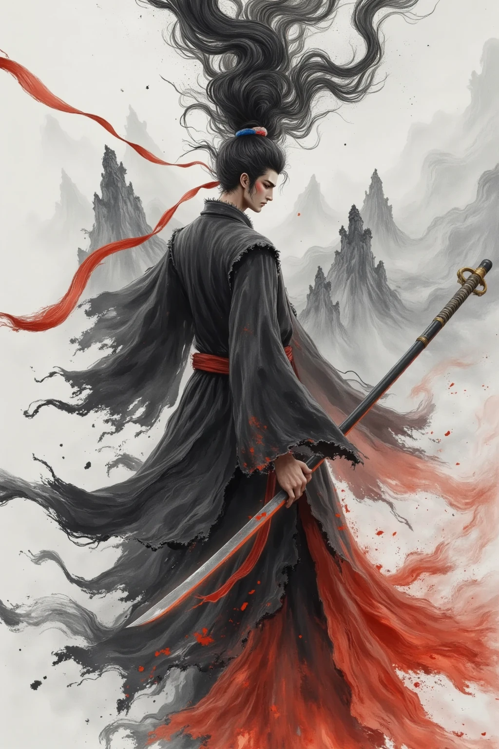 high quality, super realistic,4K,8k,master works,Extreme Details,Realism,Professional Photography,Chinese martial arts，Holding a long sword，Chinese Ink Painting,huge flowing flowing long hair, Handsome Male ,Broken Robe,Dynamic action ,Mysterious Smoke,Red hue, with a spear 