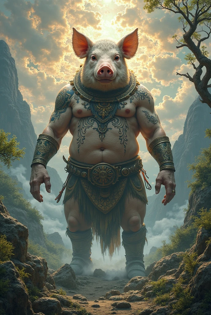 Lord vishnu varaha avatar with half human half pig with one hand weapon