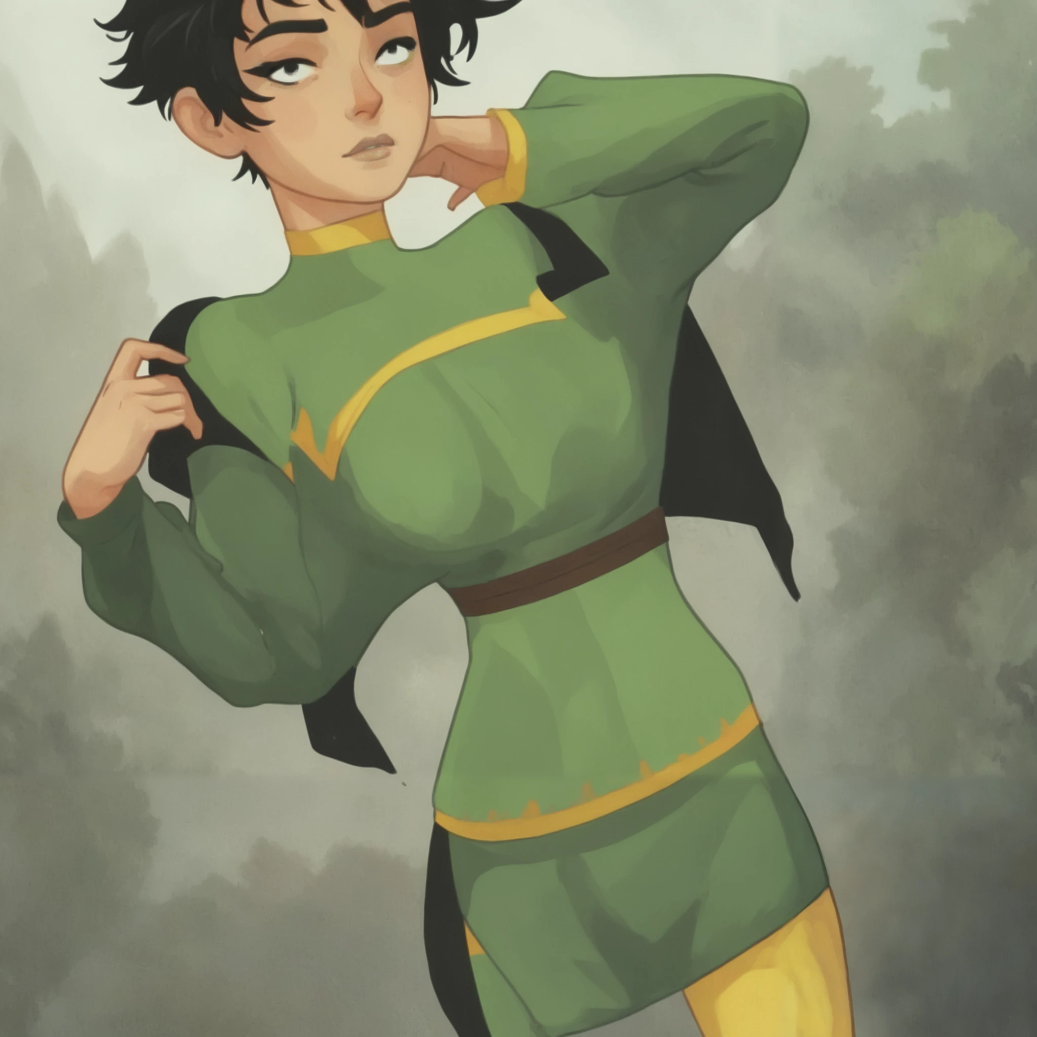 score_9, score_8, score_7, score_8_up, score_7_up, 1boy, solo, worried expression, looking down, handsome elf, masculine features, long black messy hair, hyper dynamic pose, wearing a black peasant medieval tunic, wide shoulders, tall lean body, portrait painting, flat shading, emotional scene, neon highlights, cartoon, in gougoupaintleaves style:1.5, cartoon, illustration, sketch, sketch lines, gouache painting, full body shot, focus on face, dynamic angle:1.5, illustrStyle, novuschroma57 style cartoon, novuschroma style, pastels on black