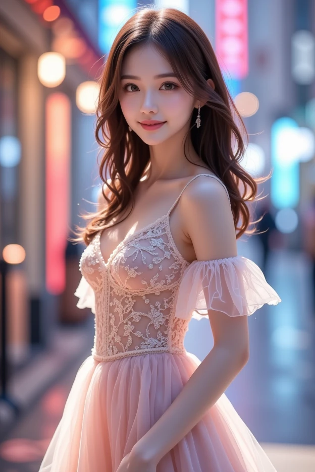 8k, masterpiece, RAW photo, best quality, photorealistic, extremely detailed CG unity 8k wallpaper, Depth of field, Cinematic Light, Lens Flare, Ray tracing, (extremely beautiful face, beautiful lips, beautiful eyes), intricate detail face, ((ultra detailed skin)) 1girl, in the dark, deep shadow, pretty korean girl, kpop idol,(very slim slender fit-muscled body:1.3), ((looking at viewer)),(big smile:1.3), (tight midi dress), (shot sleeve) , (city night, dark night, midnight , ((blurry background)), (neon sign), (soft light), (without people in the background:1.3), pretty korean girl, earrings, bracelets, necklace, pantyhose, clear eyes, walking , front shot, (pale skin), face forward, (big eyes), ((upper body shot)), ((silk Laced)), ((hotpink color dress:1.3)), (brown hairs) (looking at viewer:1.3), (see through), open breast, medium breasts, slender fit-muscled body, hermes bag
