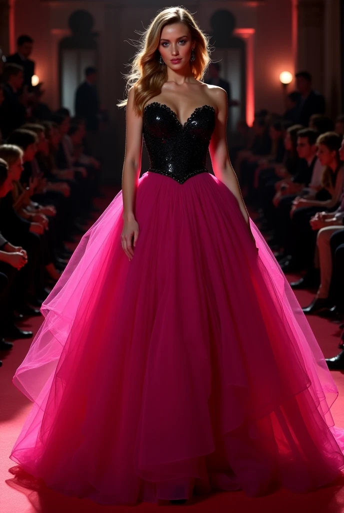 swift taylor(photorealistic: 1.4) (ultra-detailed) (full body), popstar, movie scene (PINK), sparkles, splendor, wealth, nobilit, LONG DRESS ,in a black, floor-length Elvira gown with black opera gloves
