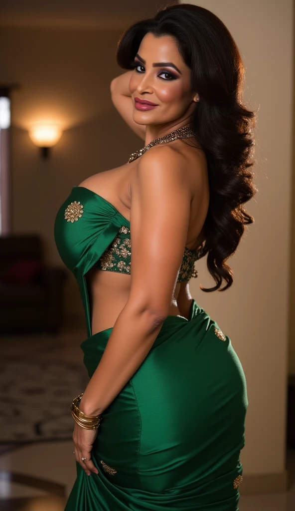 Please describe in detail a high-quality image of a 19-year-old Latina girl living in Bogotá. In the image, the girl wears a smiling and authentic expression in her room. His green eyes shine with a special charm. She wears an outfit that highlights her curves, including a neckline that highlights her generous breasts. Her long, silky hair falls elegantly to her shoulders. The image captures the beauty and confidence of this young woman in her personal environment in Bogotá, she has large breasts, wears a neckline, her hair is red and she is taking a picture in the mirror
