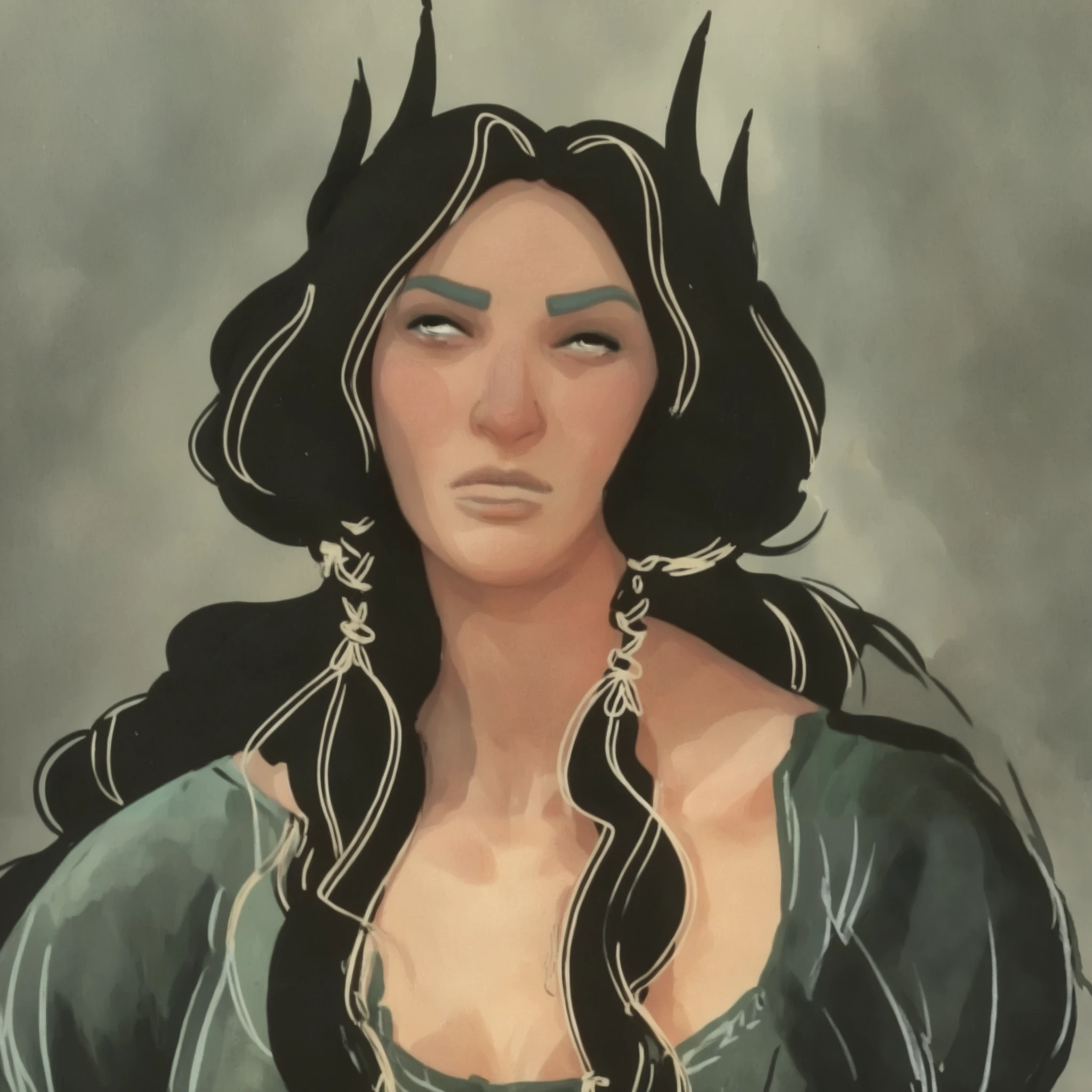 score_9, score_8, score_7, score_8_up, score_7_up, 1boy, solo, worried expression, looking down, handsome elf, masculine features, long black messy hair, hyper dynamic pose, wearing a black peasant medieval tunic, wide shoulders, tall lean body, portrait painting, flat shading, emotional scene, neon highlights, cartoon, in gougoupaintleaves style:1.5, cartoon, illustration, sketch, sketch lines, gouache painting, full body shot, focus on face, dynamic angle:1.5, illustrStyle, novuschroma57 style cartoon, novuschroma style, pastels on black