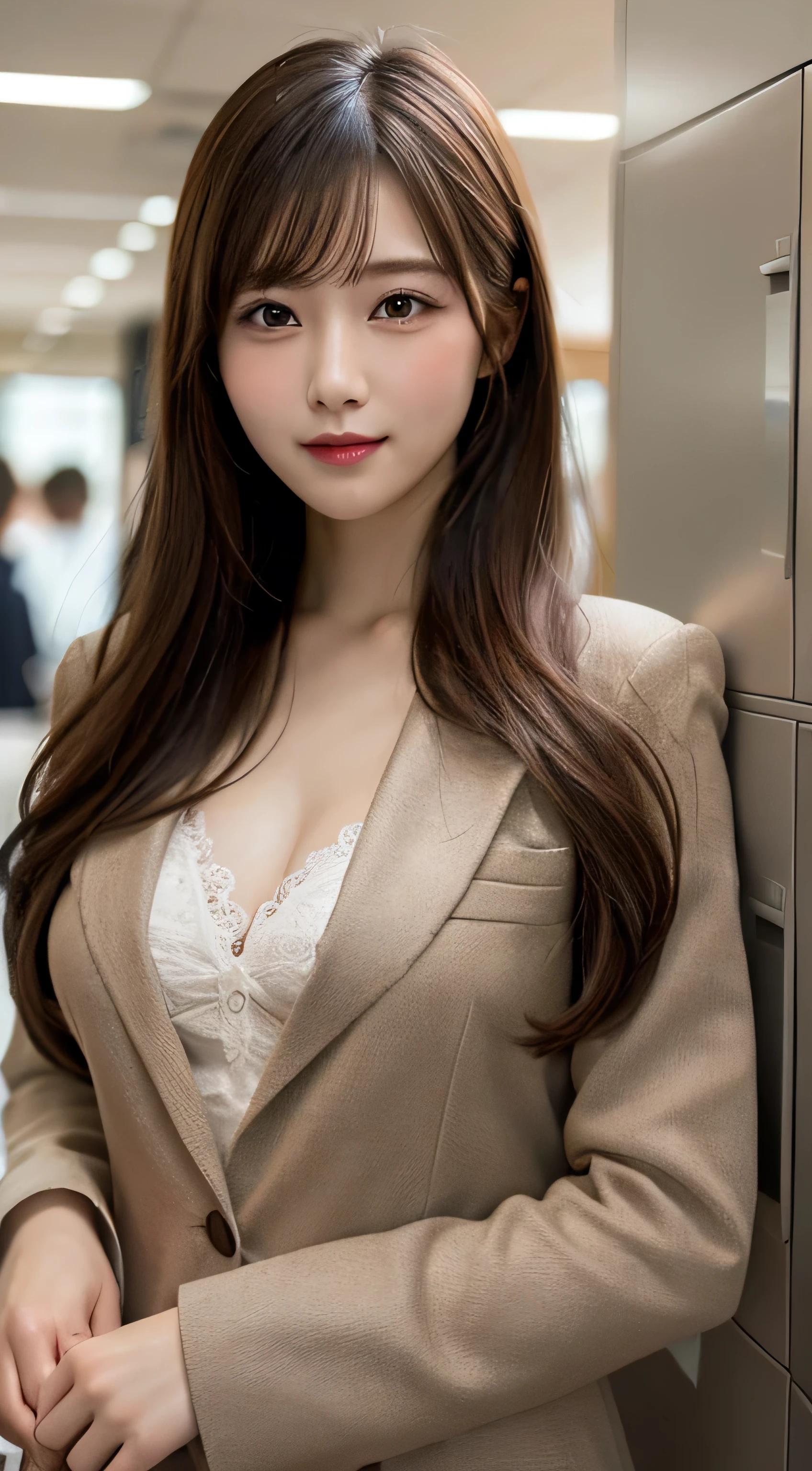 Tabletop, Highest quality, Realistic, Super detailed, In detail, High resolution, 8k wallpaper, One beautiful woman,, Light brown messy hair, Wearing a business suit, Sharp focus, Perfect dynamic composition, Beautiful attention to detail, Fine hair, Detailed and realistic skin texture, smile, Close-up portrait, Model Body Type