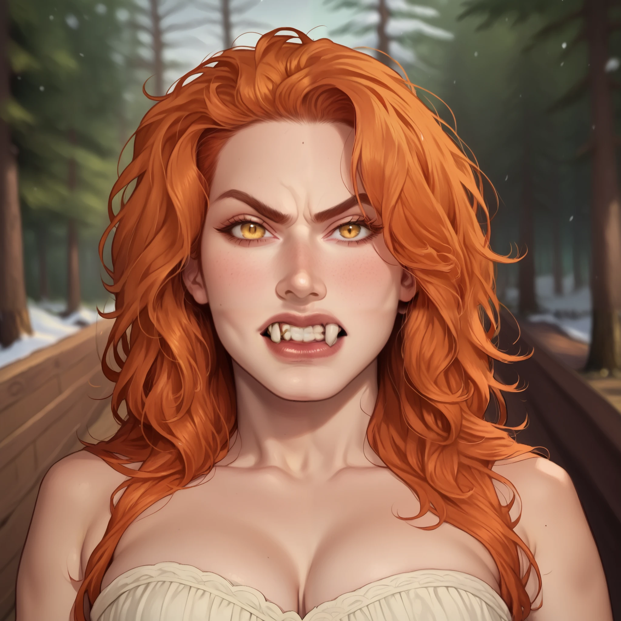 (((beautiful, high quality, comics style, detailed face))), score_9, score_8_up, score_7_up, masterpiece, best quality, unrealistically high details, extremely high quality, ultra-high detail, good anatomy, rating_explicit, perfect anatomy, anatomically correct hands:1.5, Detailed, blurred background, zPDXL3, detailxl, Score_PnyReal BREAK human, vampire woman, ((ginger hair, long messy hair)), golden eyes, very pale skin:1.5, elegant white dress:1.4, (angry), vampire teeth, solo, portrait, upper body, portrait. ((snow:0.1, snow forest background, fantasy)). (expressive face, expressive body, expressive emotions, dynamic pose, detailed facial expression, engaging presence:0.5). looking at you.